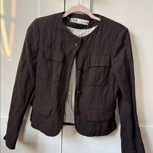 Zara Women's Dark Chocolate Collarless Textured Jacket